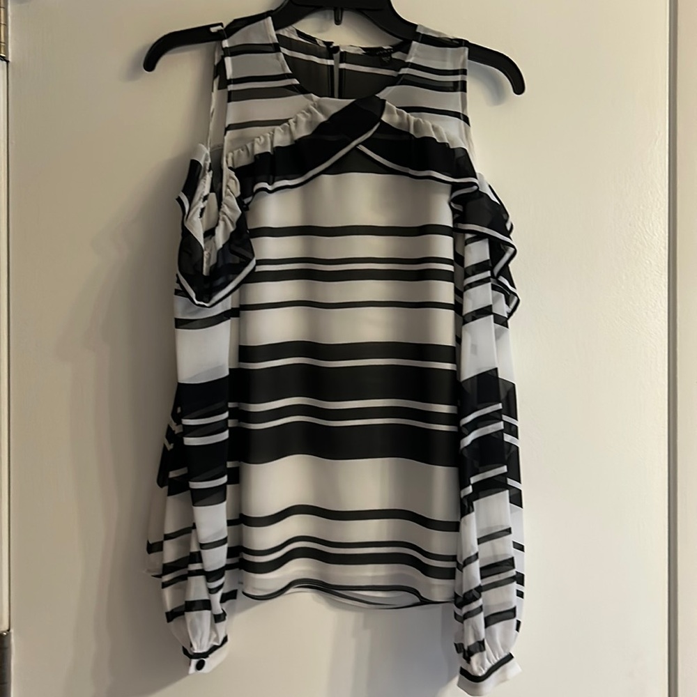 Guess Black and White Striped Cold-Shoulder Blouse